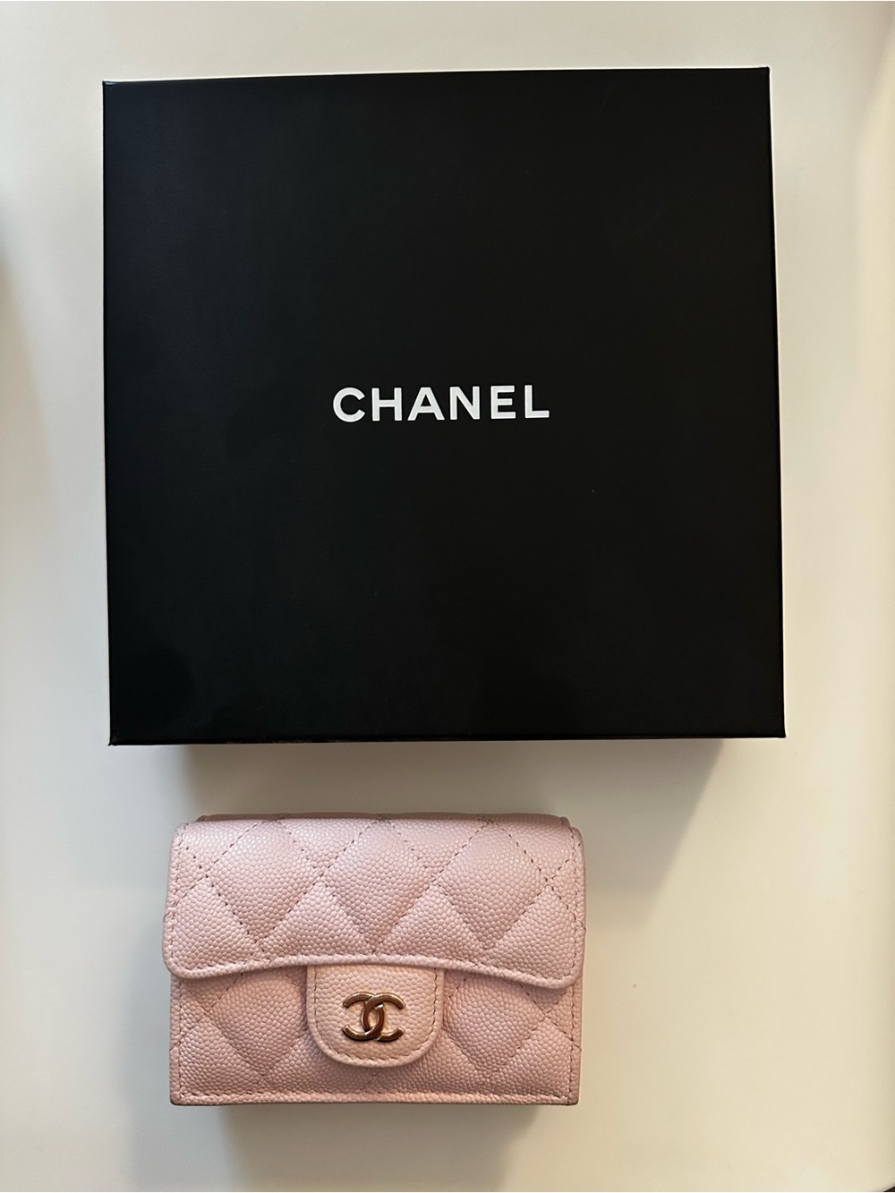 CHANEL Light Pink Quilted Leather Compact Wallet with Gold CC
